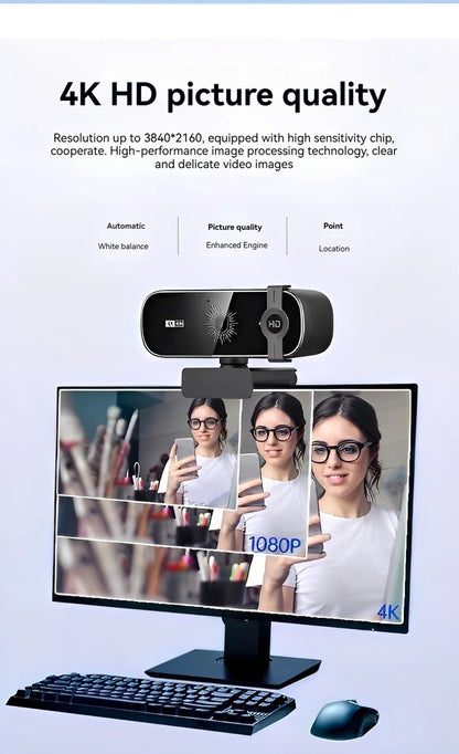 4K Webcam For PC Auto-Focus with Remote Control Privacy Cover Webcam With Microphone Plug &amp; Play For Laptop/Desktop Video Callin