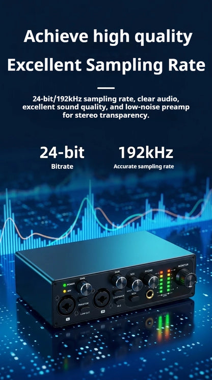 2 Channel USB Audio Interface with 48V Phantom Power Low Noise Sound Card for PC - Ideal for Recording Podcasts Guitar And Live