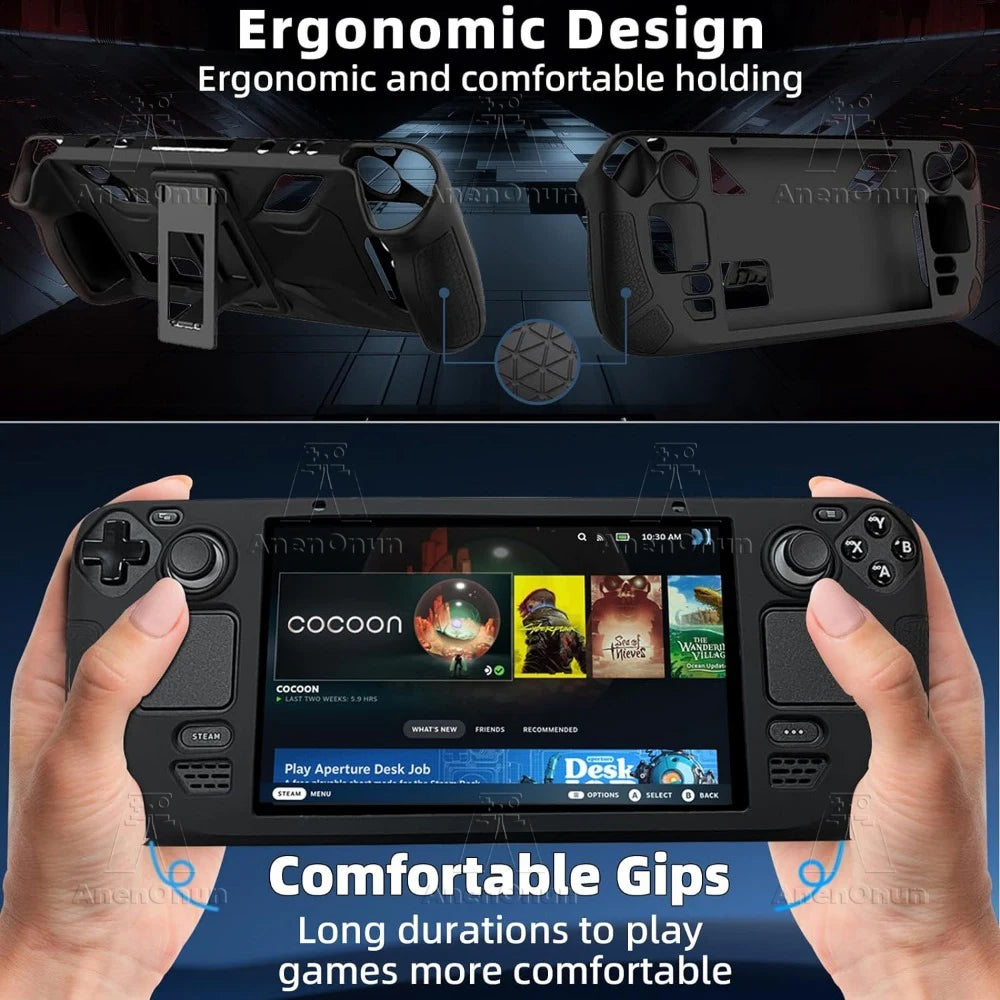 Steam Deck/Steam Deck OLED Full Fit Protective Case w/Folding Stand Base Shockproof Anti-Scratch Non-Slip Silicone Soft Cover