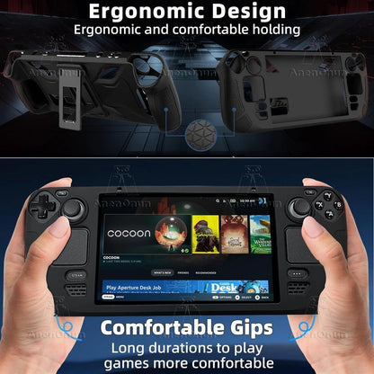 Steam Deck/Steam Deck OLED Full Fit Protective Case w/Folding Stand Base Shockproof Anti-Scratch Non-Slip Silicone Soft Cover