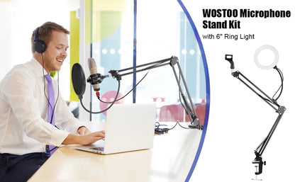 Microphone Stand, WOSTOO Mic Stand Desk Boom Arm with Fill Light Professional