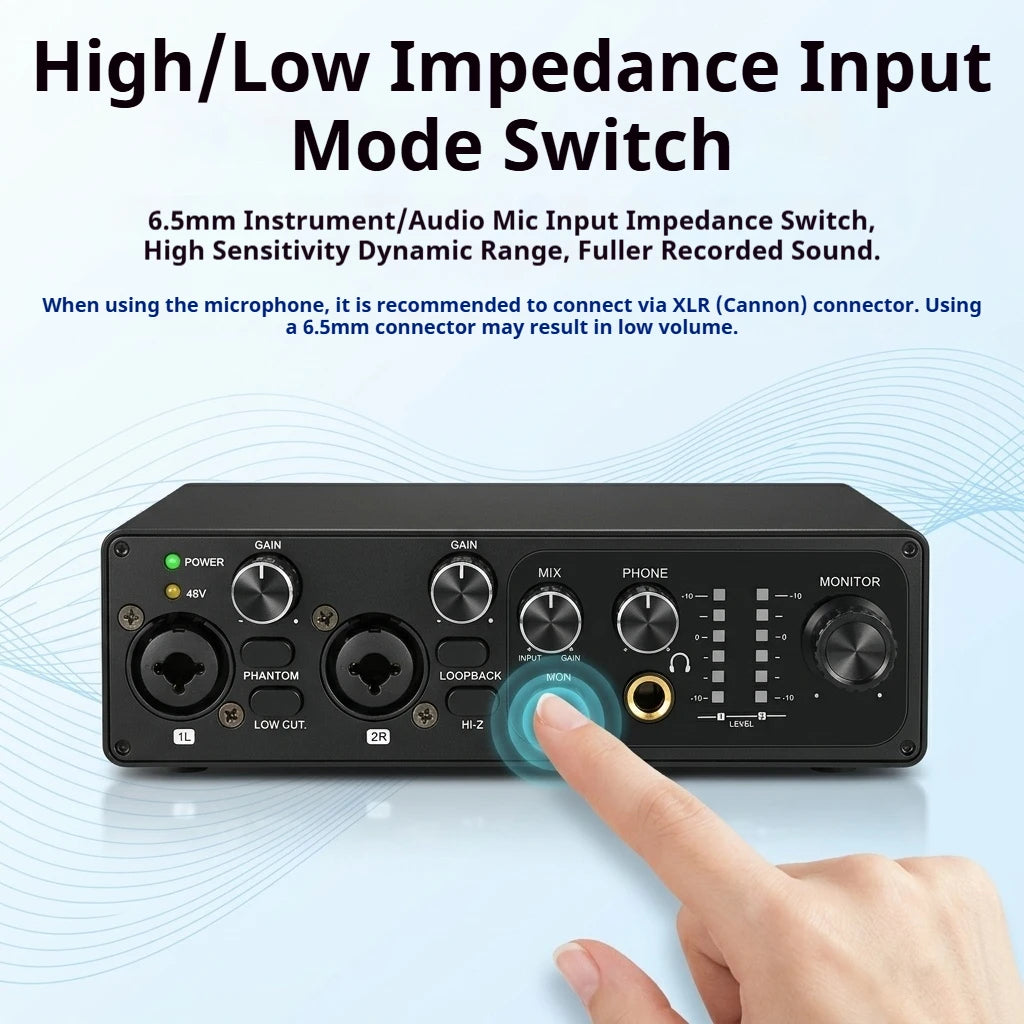 2 Channel USB Audio Interface with 48V Phantom Power Low Noise Sound Card for PC - Ideal for Recording Podcasts Guitar And Live