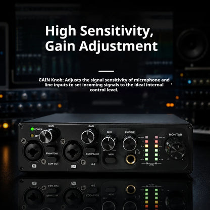 2 Channel USB Audio Interface with 48V Phantom Power Low Noise Sound Card for PC - Ideal for Recording Podcasts Guitar And Live