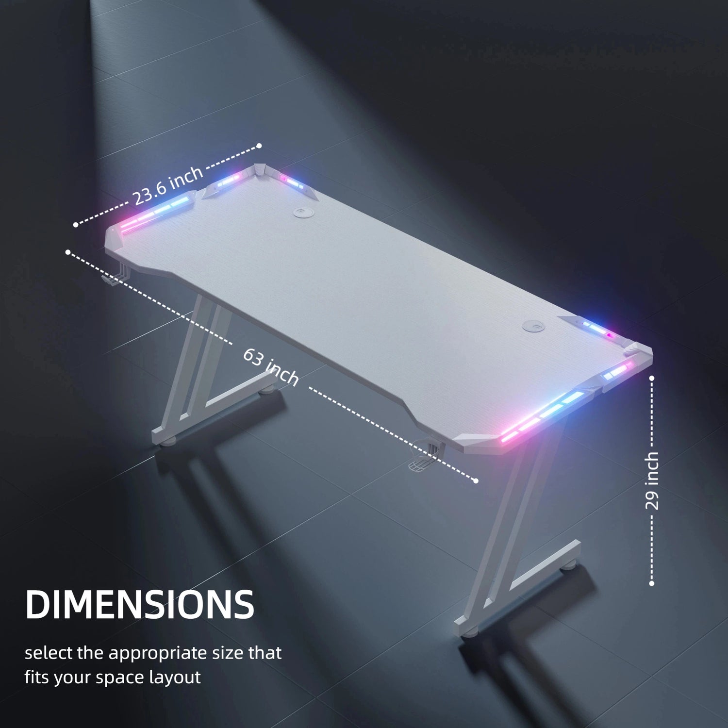 47/55/63inch Gaming Desk, Carbon Fibre Gaming Table with LED Lights, Z Shaped Ergonomic Desk with Cup Holder &amp; Headphone Hook, White