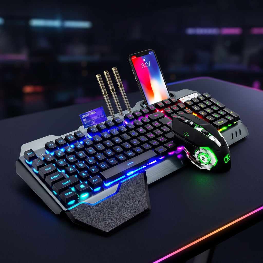K680 Wireless Gaming Keyboard and Mouse Combo,Rainbow LED Backlit Keyboard with Rechargeable 3800mAh Battery Metal Panel