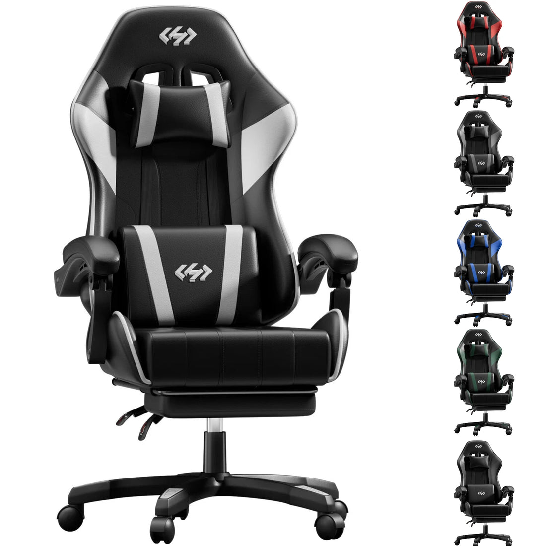 Ergonomic Gaming Chair, PU Leather Computer Office Chair for Adults, Adjustable Height &amp; Reclining Backrest Angle, 360° Swivel Gaming Desk Chair with Lumbar Support, Headrest and Retractable Footrest