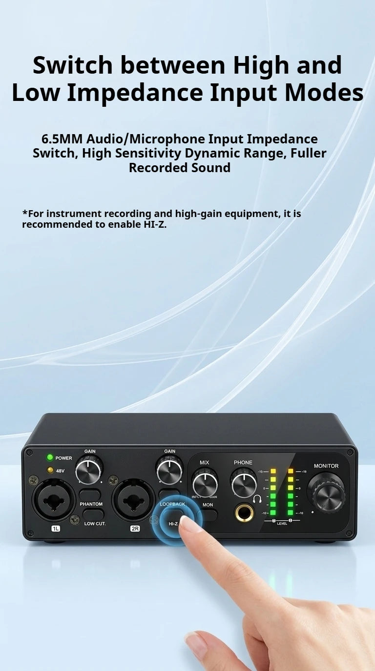 2 Channel USB Audio Interface with 48V Phantom Power Low Noise Sound Card for PC - Ideal for Recording Podcasts Guitar And Live