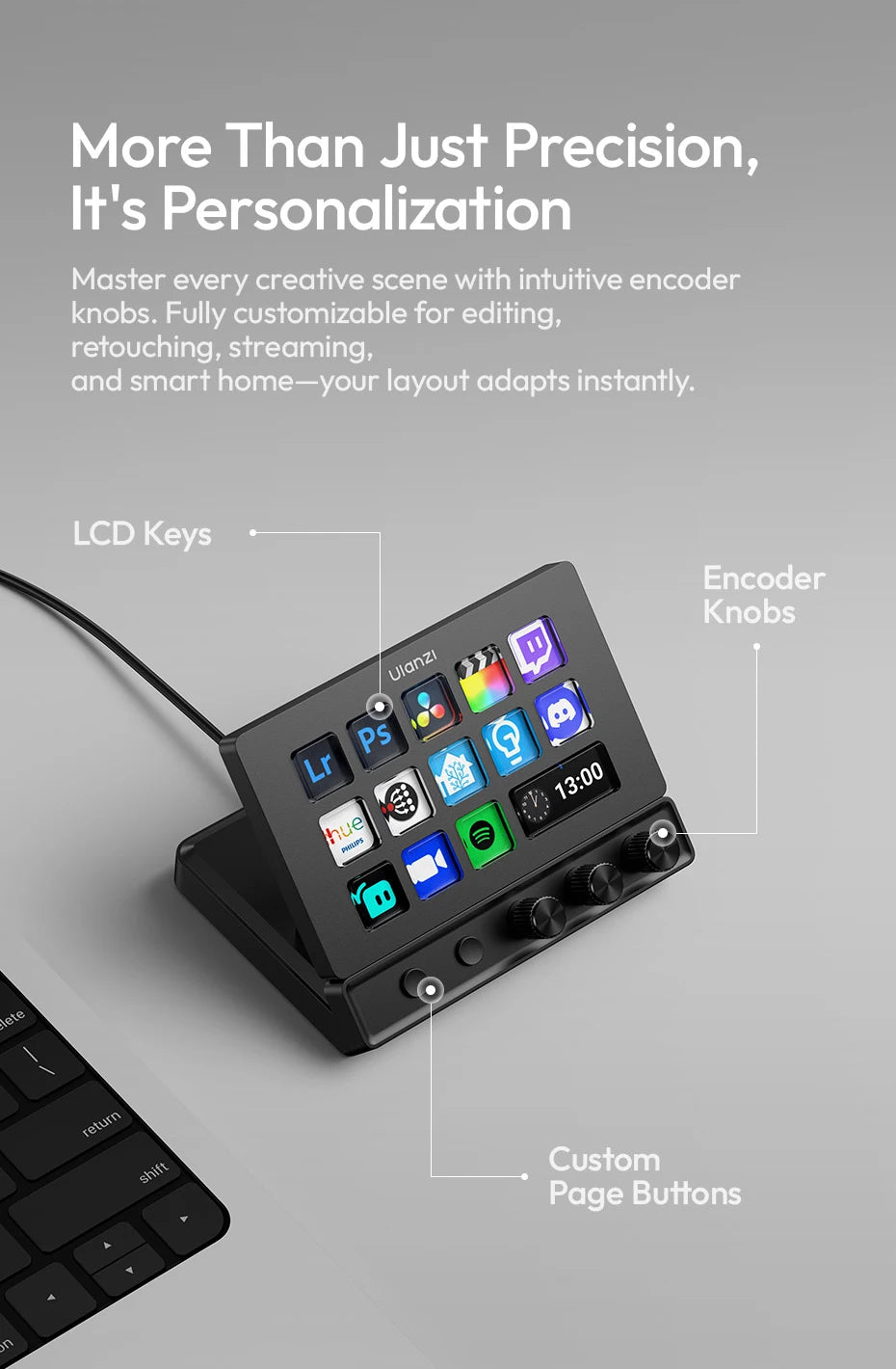 Ulanzi D200X 8 in 1 Stream Deck Keyboard 14 LCD Keys Stream Controler for Video Editing Game Live Content Creation Studio Light
