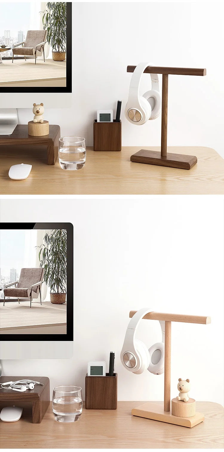 Wooden Stand Holder for Headset Display Shelf Desk Hanger T Shape Headphones Stands Storage Brackets Home Storage Organizer