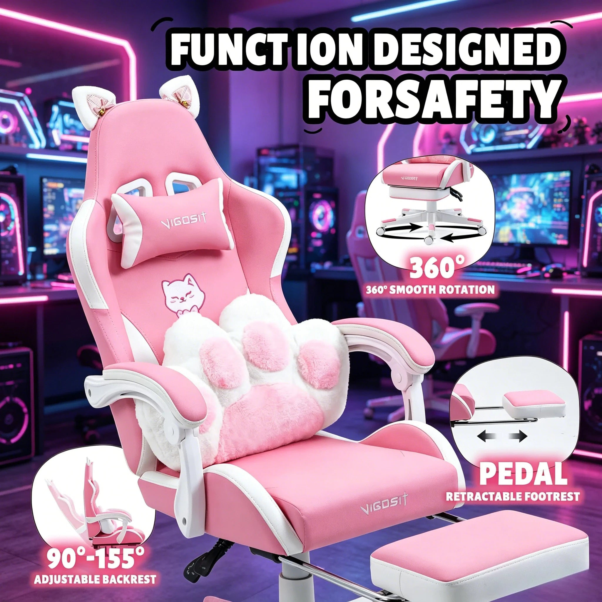 VIGOSIT Ergonomic Computer Chair with Footrest and Headrest,Gaming Chair Cute with Cat Ears and Massage Lumbar Support, Comfortable Reclining Game Chair 290lbs for Adult, Teen