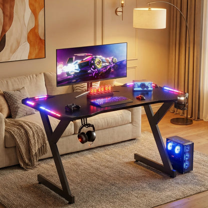 Y‑Shaped Gaming Desk with RGB LED Lights, Ergonomic Carbon‑Fiber Surface PC Workstation Table with Headphone Hook &amp; Cup Holder