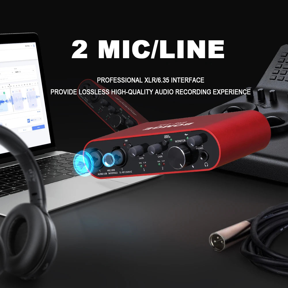 Audio Interface BOMGE BMG-22S 32-bit/192kHz Professional Sound Card And Dual Channel Amplifier Are Used For Live Recording