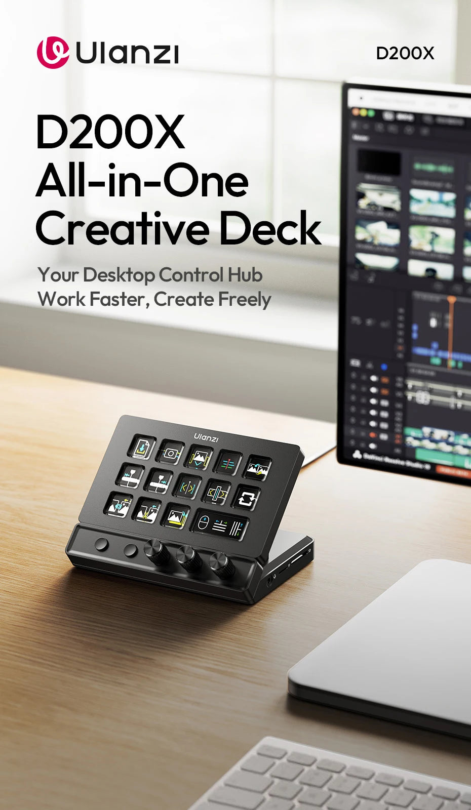 Ulanzi D200X 8 in 1 Stream Deck Keyboard 14 LCD Keys Stream Controler for Video Editing Game Live Content Creation Studio Light