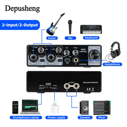 MQ22/44 ASIO Audio Professional Sound Card 2/4 Channel USB Audio Interface for Live Recording