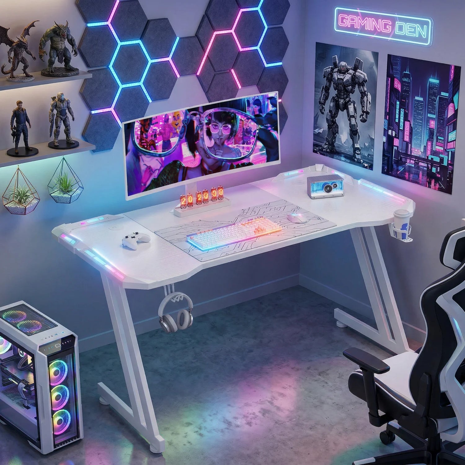 47/55/63inch Gaming Desk, Carbon Fibre Gaming Table with LED Lights, Z Shaped Ergonomic Desk with Cup Holder &amp; Headphone Hook, White