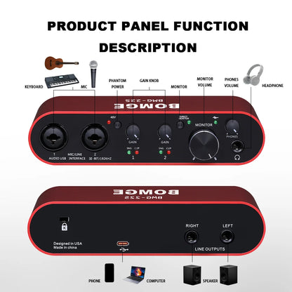 Audio Interface BOMGE BMG-22S 32-bit/192kHz Professional Sound Card And Dual Channel Amplifier Are Used For Live Recording