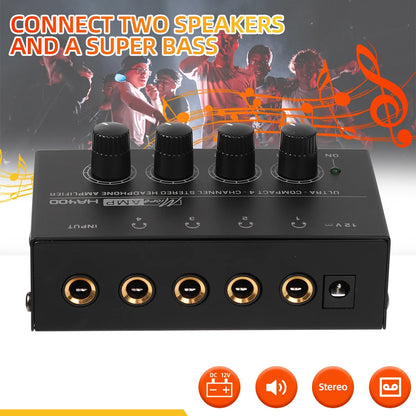 Headphone Amplifier Ultra-Compact Stereo Earphone Amplifier Audio Amplifier 4 Channels for Music 6.35MM Jack with Volume Control
