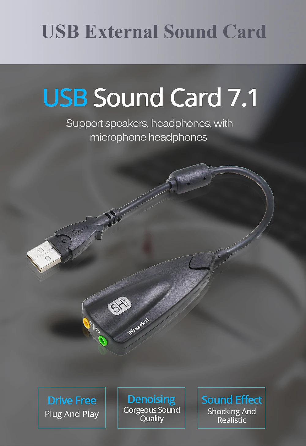 USB Sound Card Computer Gaming Specific External High-End Sound Card, 5HV2 Stereo 7.1 Channel Wired Sound Card