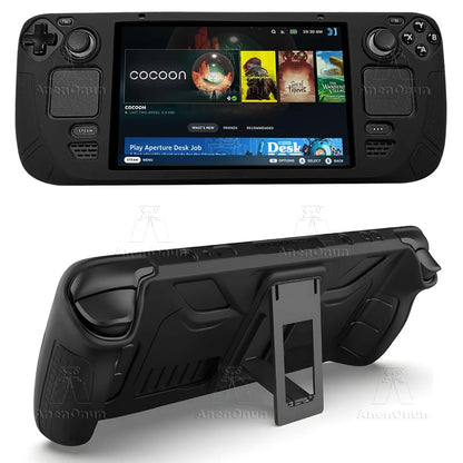Steam Deck/Steam Deck OLED Full Fit Protective Case w/Folding Stand Base Shockproof Anti-Scratch Non-Slip Silicone Soft Cover