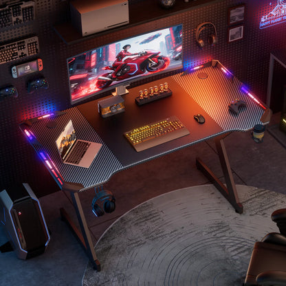 Y‑Shaped Gaming Desk with RGB LED Lights, Ergonomic Carbon‑Fiber Surface PC Workstation Table with Headphone Hook &amp; Cup Holder