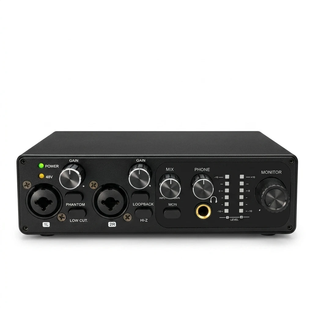 2 Channel USB Audio Interface with 48V Phantom Power Low Noise Sound Card for PC - Ideal for Recording Podcasts Guitar And Live