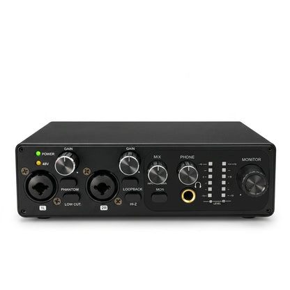 2 Channel USB Audio Interface with 48V Phantom Power Low Noise Sound Card for PC - Ideal for Recording Podcasts Guitar And Live
