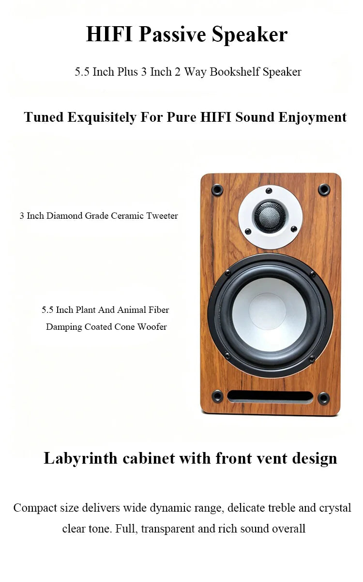 X100 HIFI Passive Bookshelf Speaker 5.5 Inch 2 Way Audiophile Wooden Monitor Speaker 60W2 Output Power 3 Inch Tweeter Unit