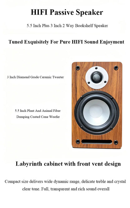 X100 HIFI Passive Bookshelf Speaker 5.5 Inch 2 Way Audiophile Wooden Monitor Speaker 60W2 Output Power 3 Inch Tweeter Unit