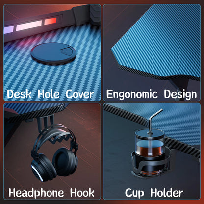 Y‑Shaped Gaming Desk with RGB LED Lights, Ergonomic Carbon‑Fiber Surface PC Workstation Table with Headphone Hook &amp; Cup Holder