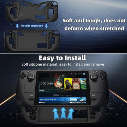 Steam Deck/Steam Deck OLED Full Fit Protective Case w/Folding Stand Base Shockproof Anti-Scratch Non-Slip Silicone Soft Cover