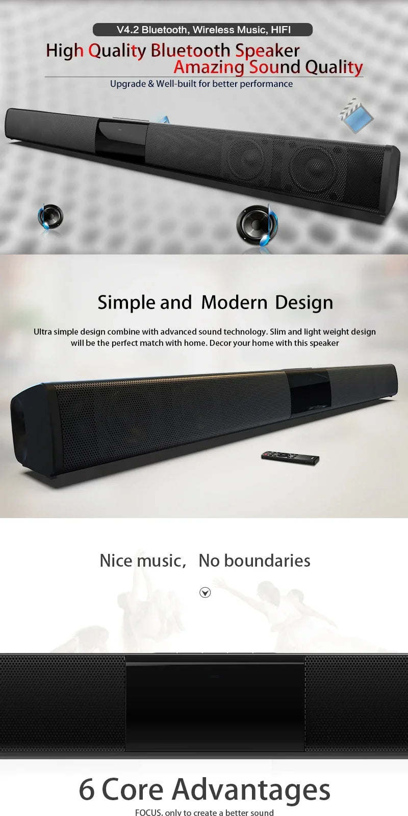 40W High Power Soundbar for TV Computer Wireless Bluetooth Speaker Home Theater Sound System FM Radio Subwoofer RCA Soundbox TF