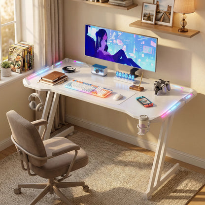 47/55/63inch Gaming Desk, Carbon Fibre Gaming Table with LED Lights, Z Shaped Ergonomic Desk with Cup Holder &amp; Headphone Hook, White