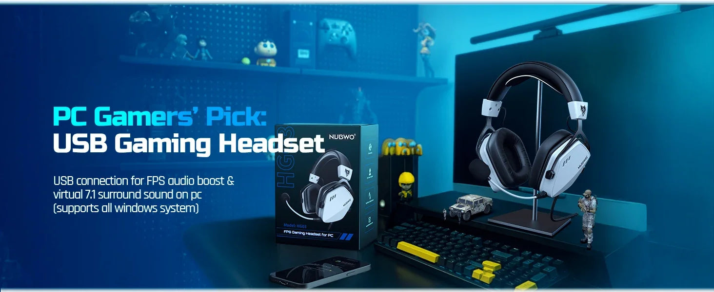NUBWO HG03 Gaming Headphones with 7.1 Surround Sound USB-A Wired Headsets Gamer with Noise Canceling Mic Comfortable Design