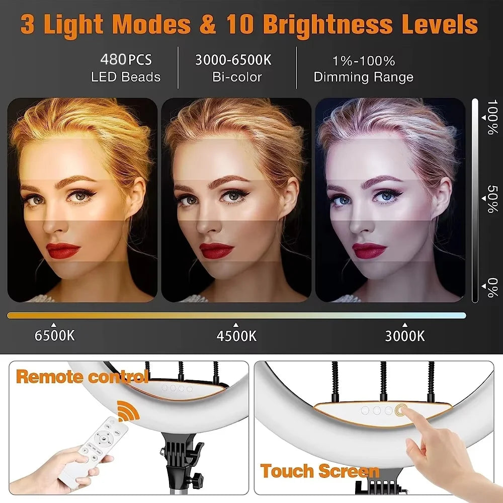 22-inch Ring Light 3000-6500K Color LED Video Ring Lamp Soft Light with Phone Holder and Remote for MakeUp Youtube Photo Studio