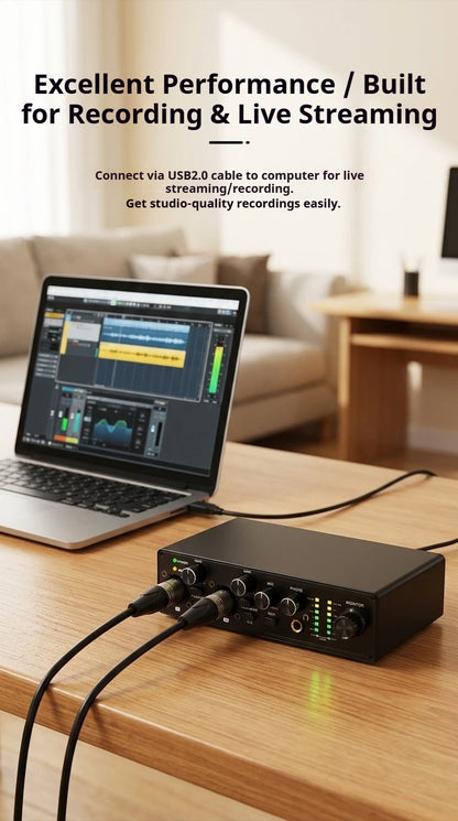 2 Channel USB Audio Interface with 48V Phantom Power Low Noise Sound Card for PC - Ideal for Recording Podcasts Guitar And Live