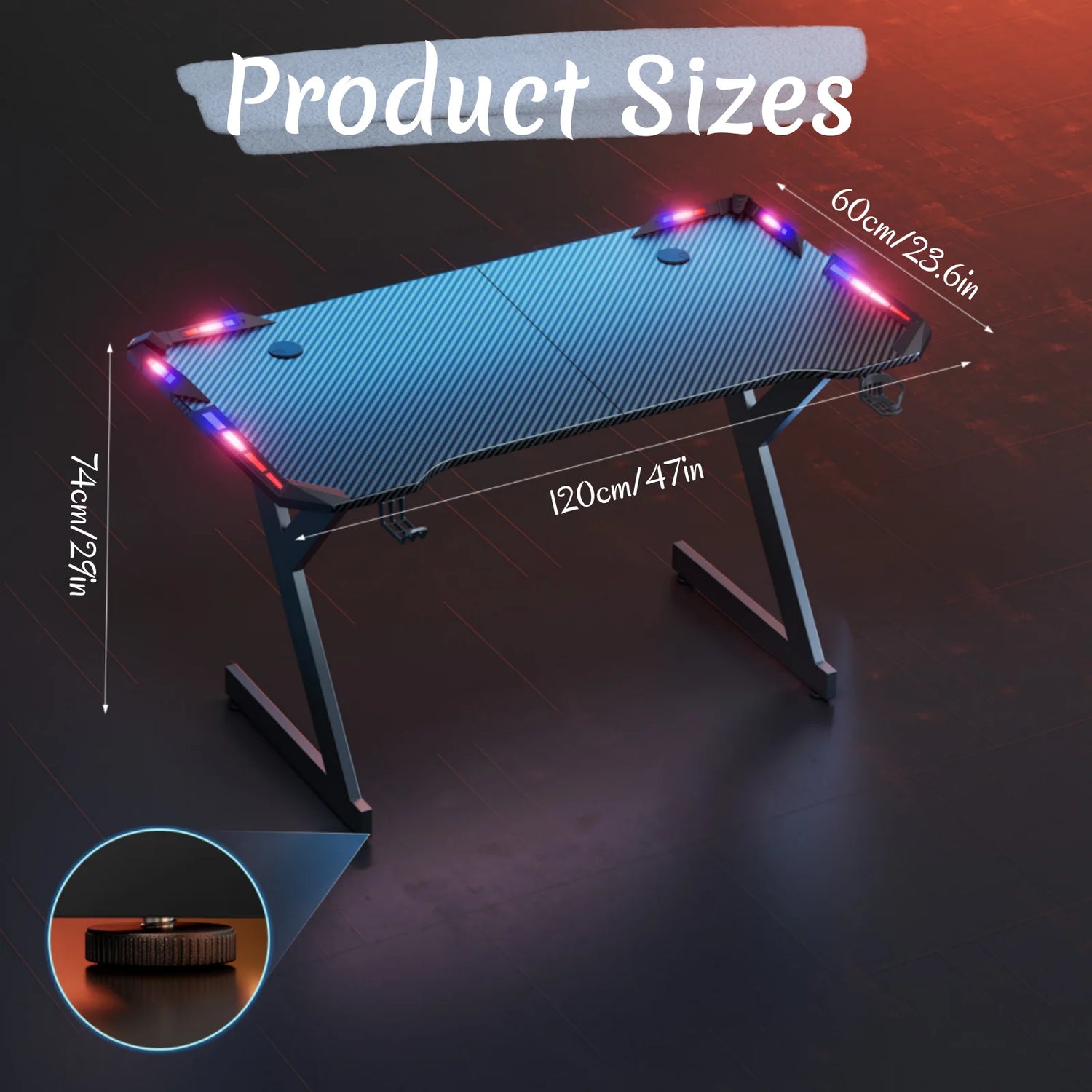 Y‑Shaped Gaming Desk with RGB LED Lights, Ergonomic Carbon‑Fiber Surface PC Workstation Table with Headphone Hook &amp; Cup Holder