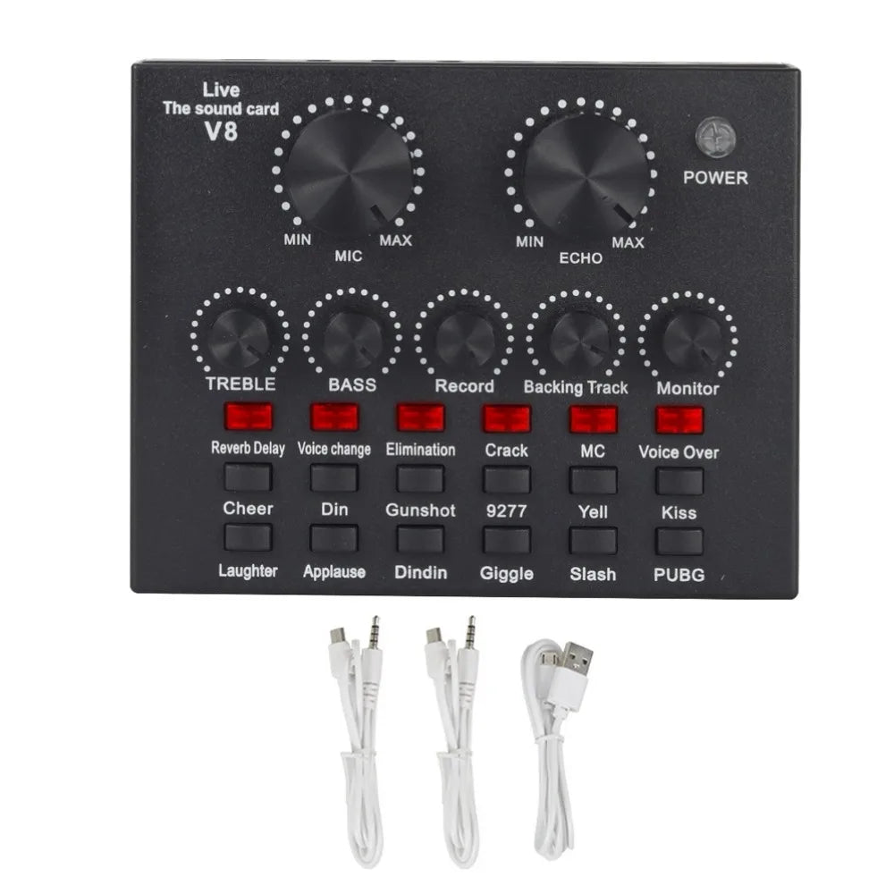 Audio Mixer V8 Sound Card Karaoke Recording Professional Mic Sound Card Portable Studio Record External Sound Card Webcast Live