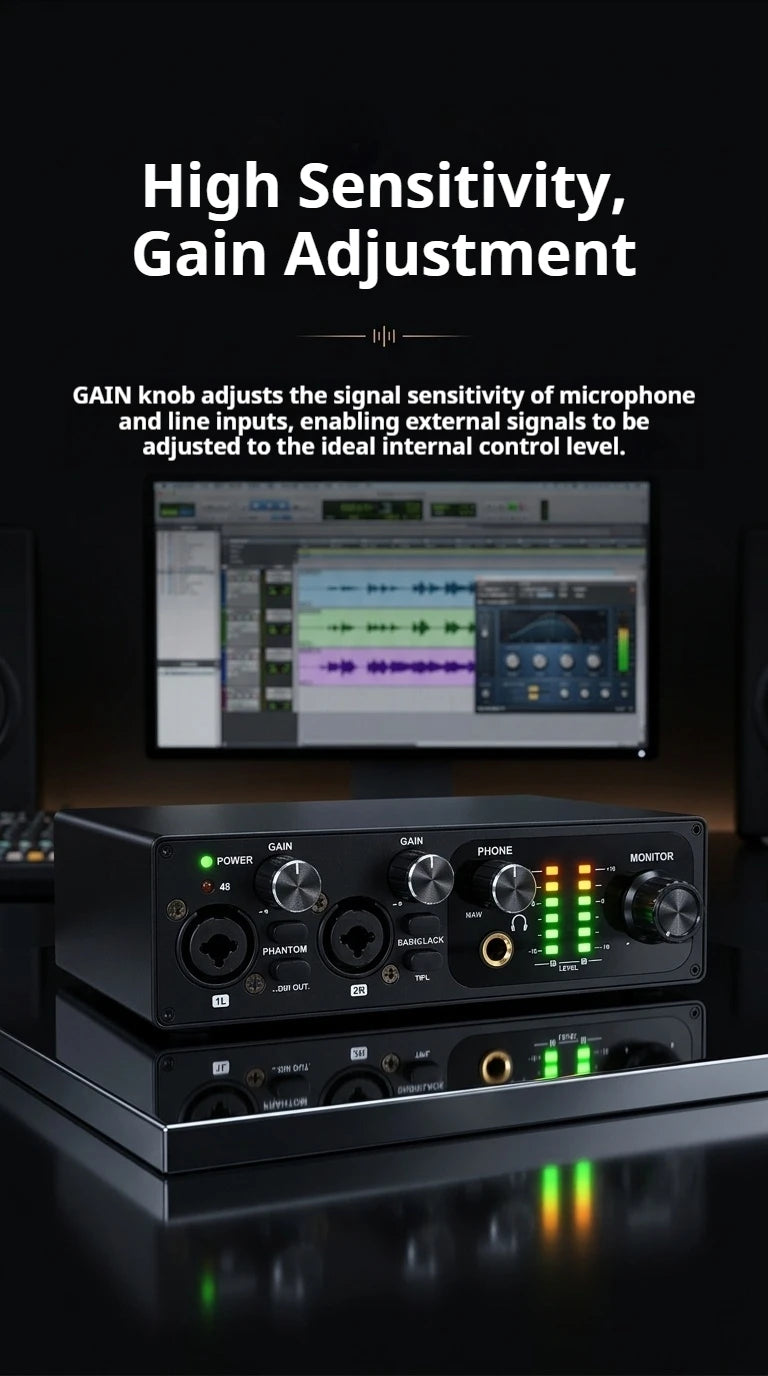 2 Channel USB Audio Interface with 48V Phantom Power Low Noise Sound Card for PC - Ideal for Recording Podcasts Guitar And Live