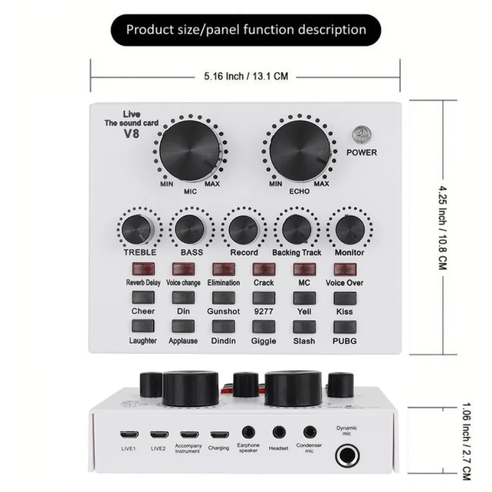 Audio Mixer V8 Sound Card Karaoke Recording Professional Mic Sound Card Portable Studio Record External Sound Card Webcast Live