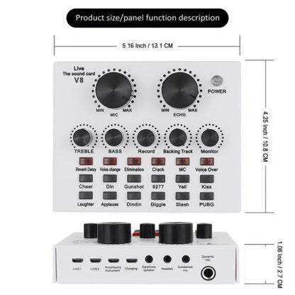 Audio Mixer V8 Sound Card Karaoke Recording Professional Mic Sound Card Portable Studio Record External Sound Card Webcast Live