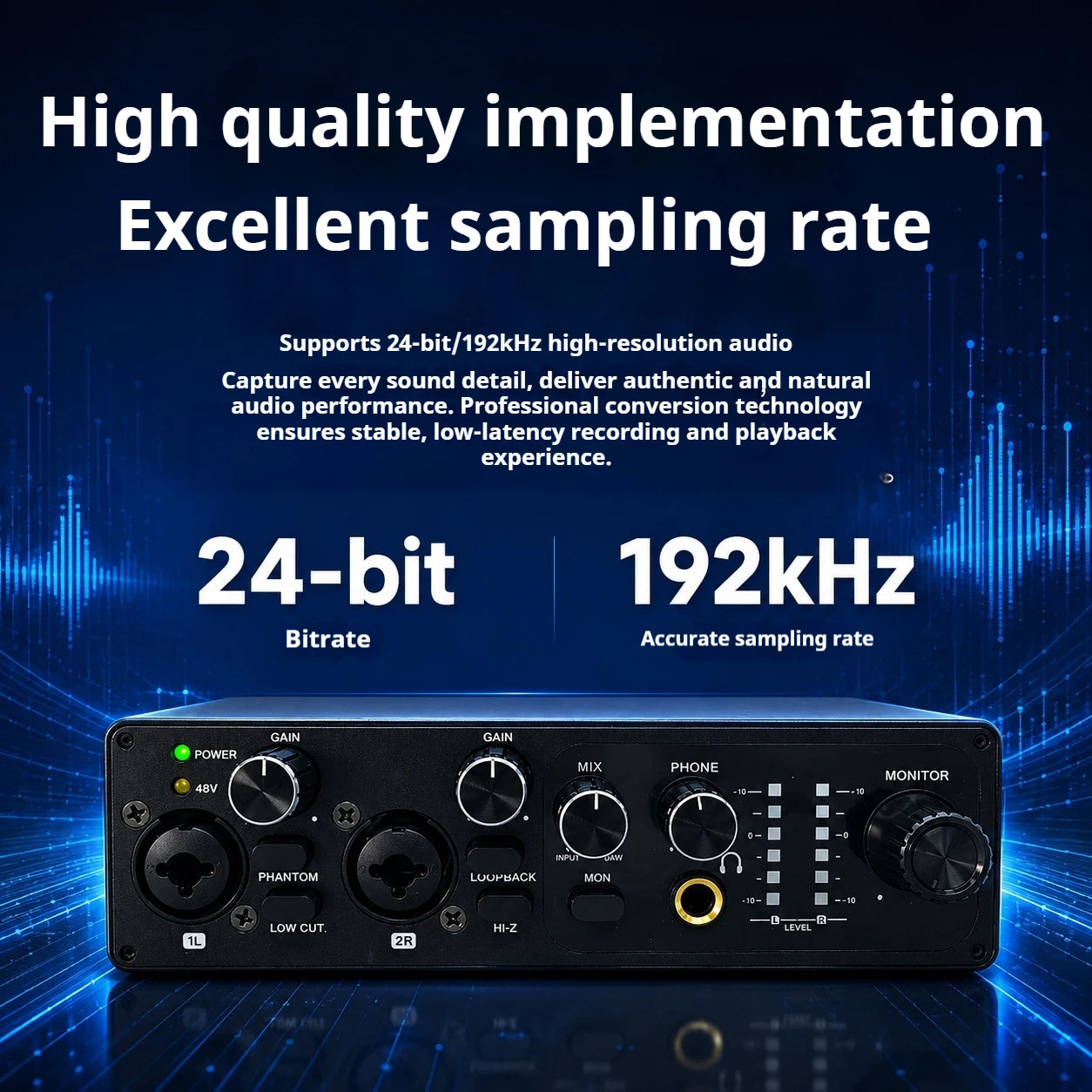 2 Channel USB Audio Interface with 48V Phantom Power Low Noise Sound Card for PC - Ideal for Recording Podcasts Guitar And Live