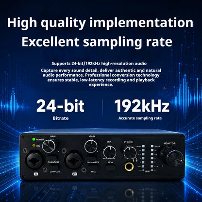 2 Channel USB Audio Interface with 48V Phantom Power Low Noise Sound Card for PC - Ideal for Recording Podcasts Guitar And Live