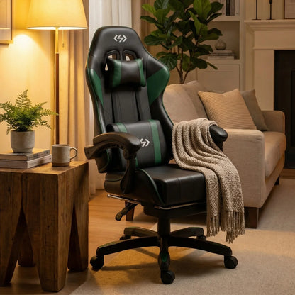 Ergonomic Gaming Chair, PU Leather Computer Office Chair for Adults, Adjustable Height &amp; Reclining Backrest Angle, 360° Swivel Gaming Desk Chair with Lumbar Support, Headrest and Retractable Footrest