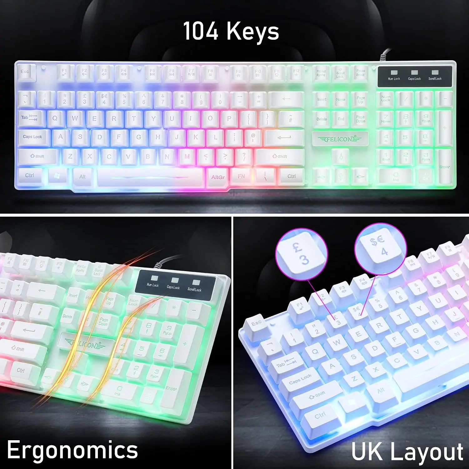 MAMBASNAKE T11 UK 100% Gaming Keyboard&amp;Mouse&amp;Headset&amp;Mouse Pad Combo Set Rainbow Backlit Keyboard, 2400DPI 4 Buttons USB Wired