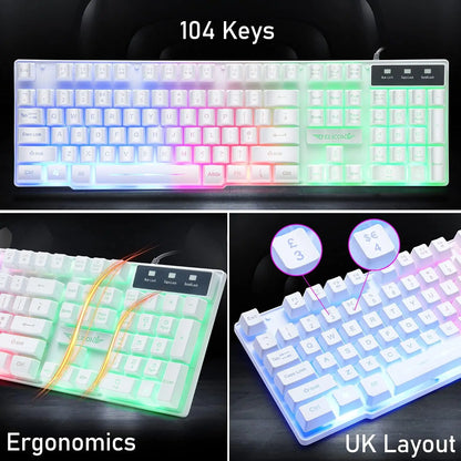 MAMBASNAKE T11 UK 100% Gaming Keyboard&amp;Mouse&amp;Headset&amp;Mouse Pad Combo Set Rainbow Backlit Keyboard, 2400DPI 4 Buttons USB Wired