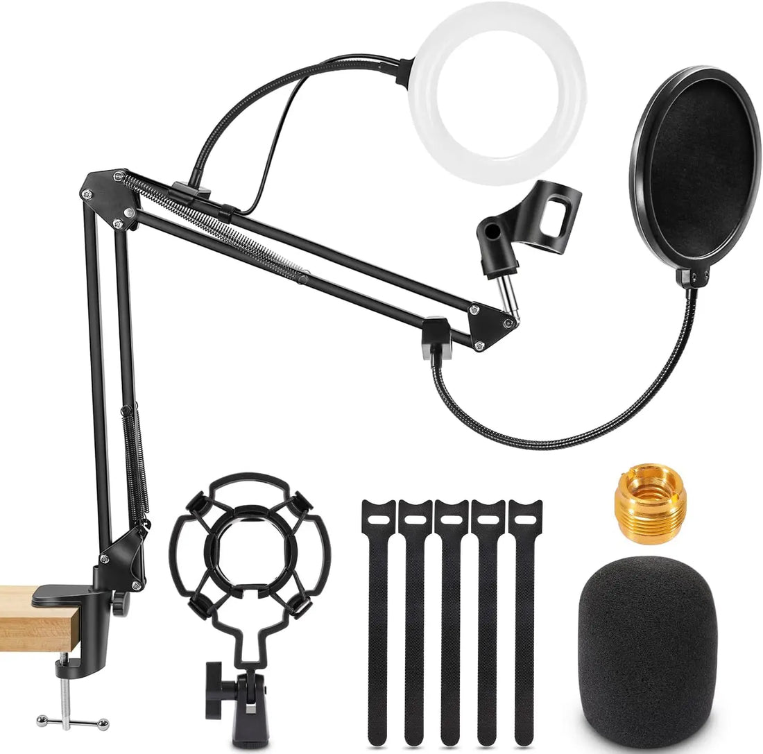 Microphone Stand, WOSTOO Mic Stand Desk Boom Arm with Fill Light Professional