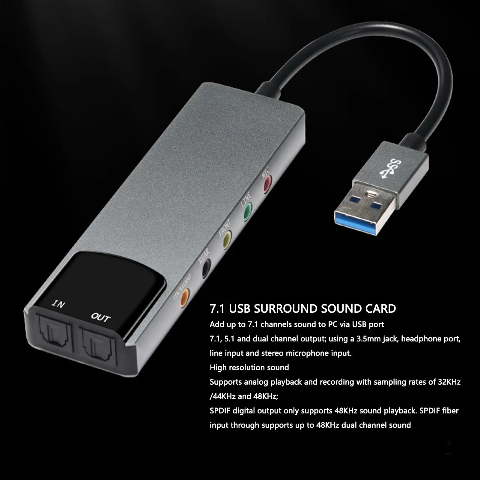 7.1 USB 2.0 Surround Sound Card with SPDIF Digital Sound High Resolution Music External Sound Card for Laptop PC