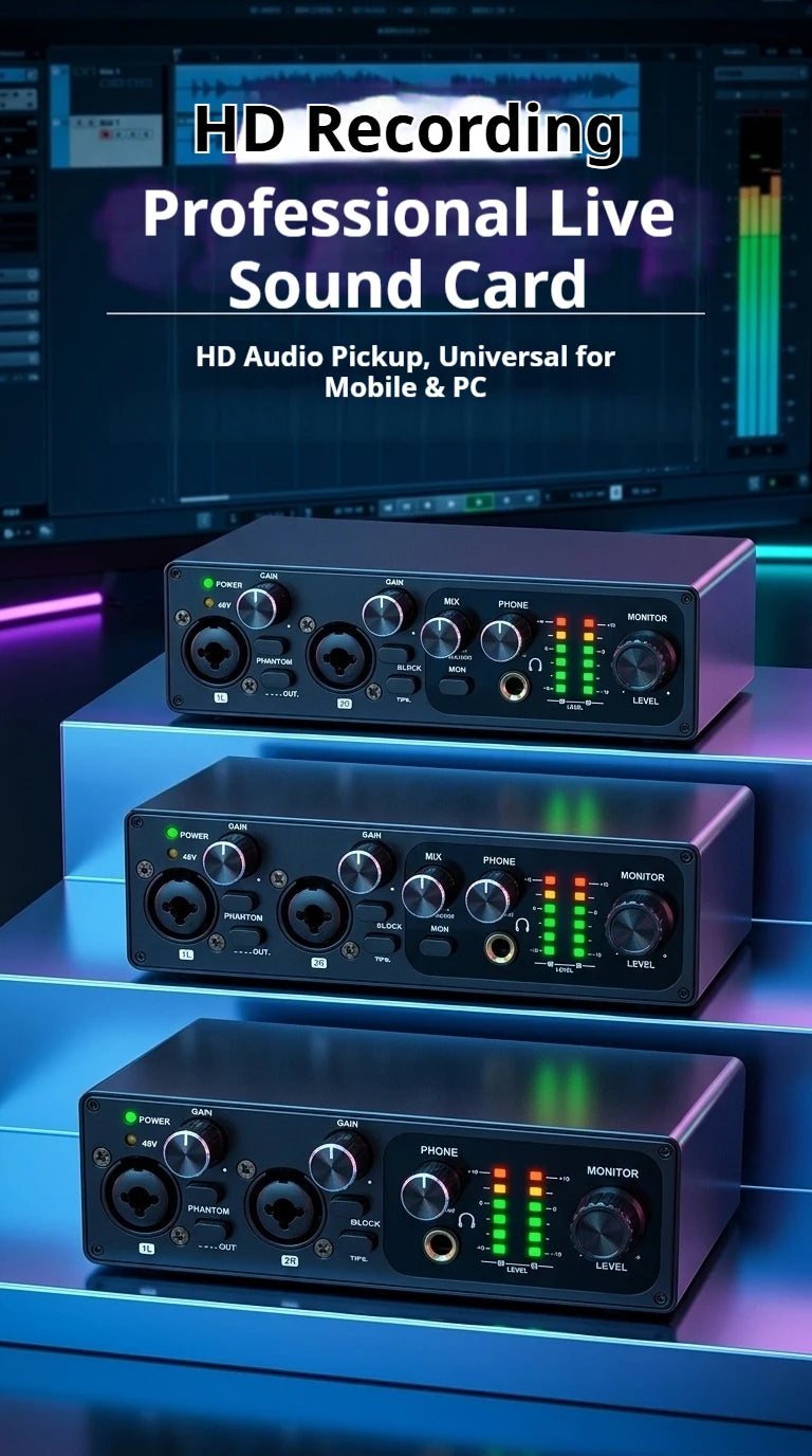 2 Channel USB Audio Interface with 48V Phantom Power Low Noise Sound Card for PC - Ideal for Recording Podcasts Guitar And Live