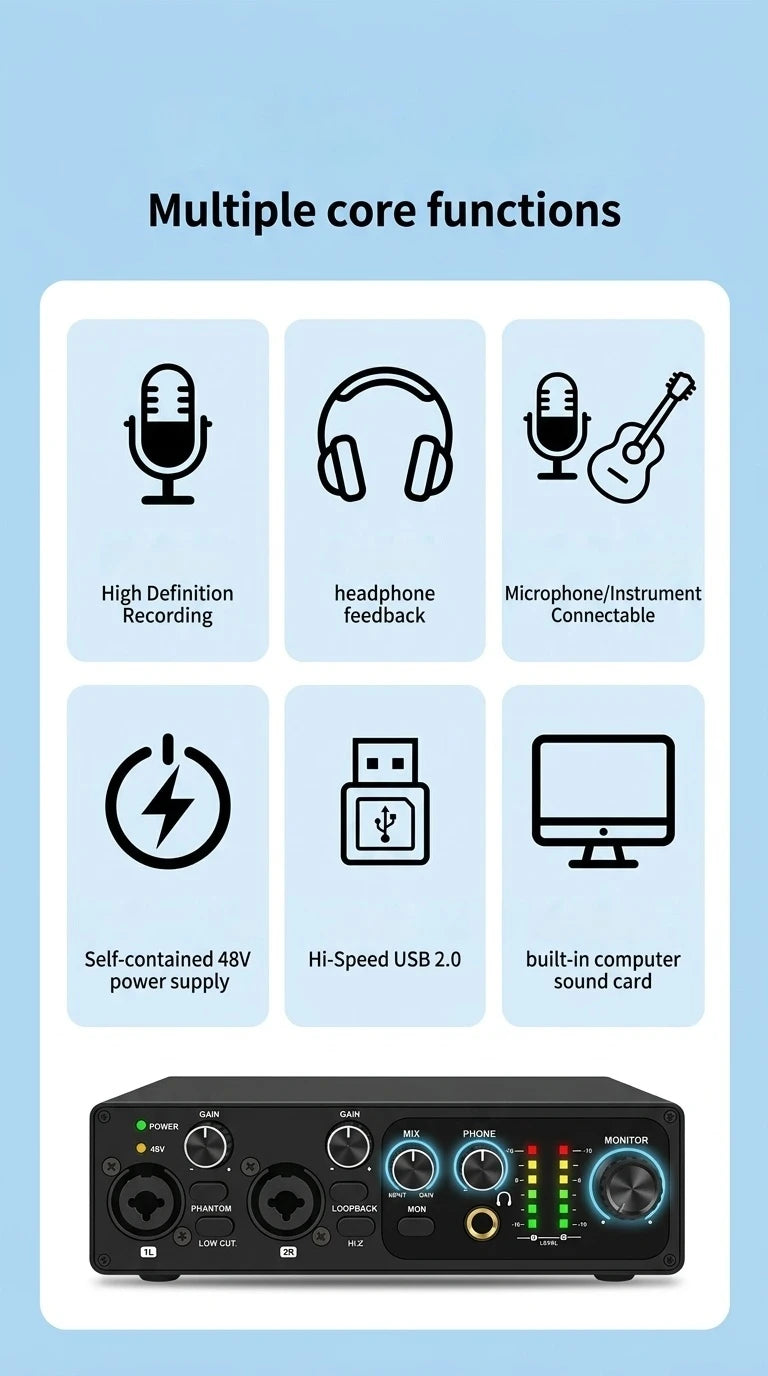 2 Channel USB Audio Interface with 48V Phantom Power Low Noise Sound Card for PC - Ideal for Recording Podcasts Guitar And Live