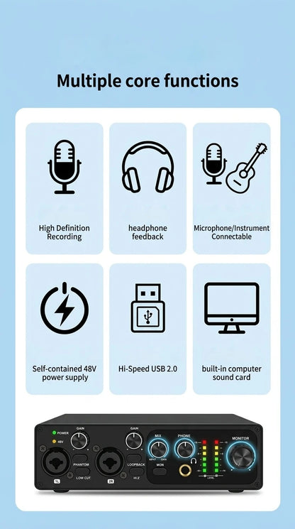 2 Channel USB Audio Interface with 48V Phantom Power Low Noise Sound Card for PC - Ideal for Recording Podcasts Guitar And Live